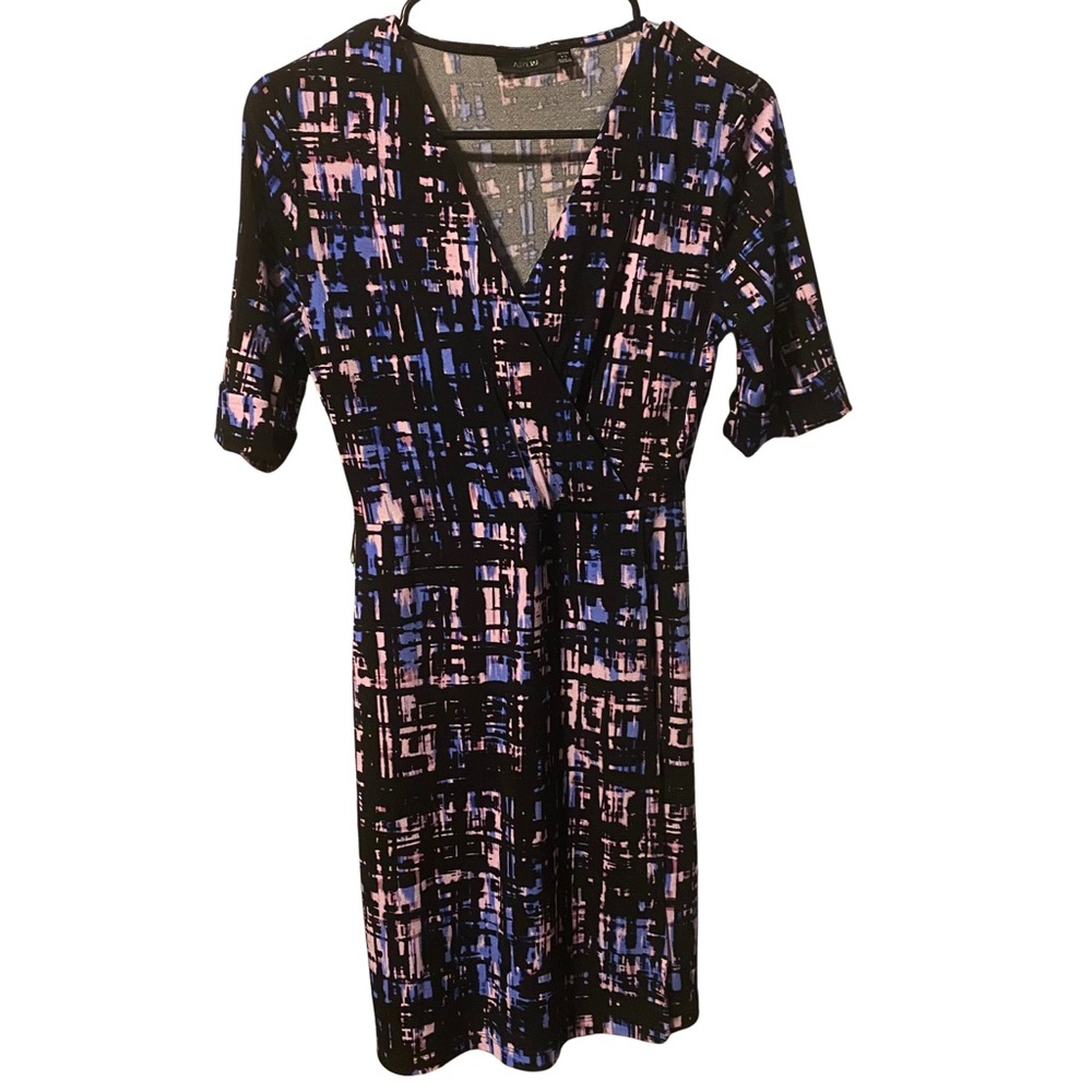 Apt. 9 V-Neck Black, Blue, and Pink Abstract Midi Dress